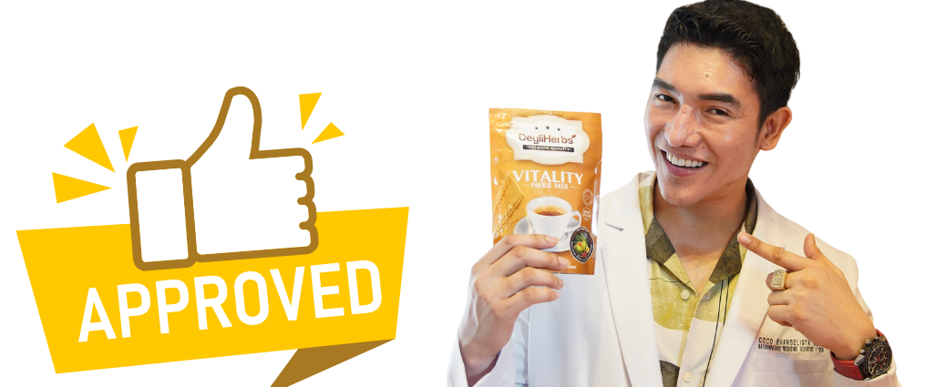 Dr. RJ Evangelista holding DeyliHerbs, with an Approved badge