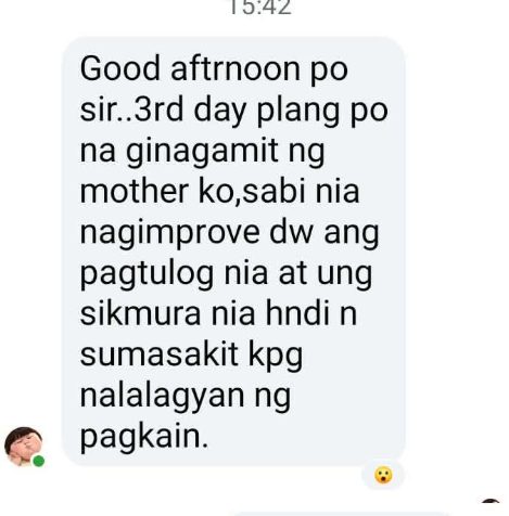 Customer message about improvement after 3 days
